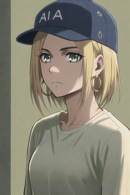 69347-1313882439-aot style, masterpiece, best quality, 1girl, aqua eyes, baseball cap, blonde hair, closed mouth, earrings, green background, hat.png